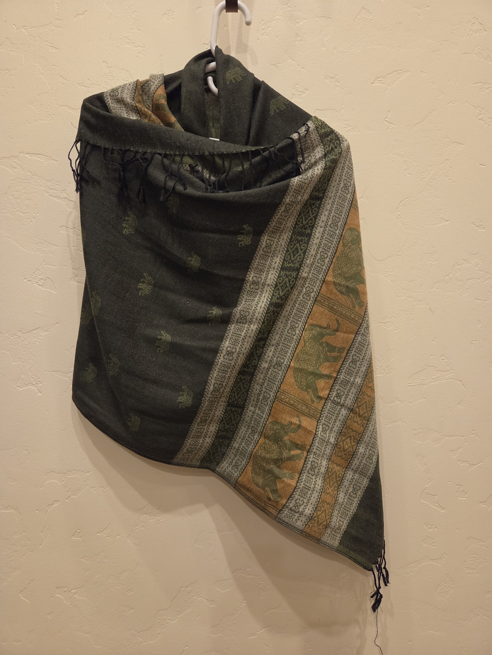 Dark Green & Olive Patterned Cashmere Pashmina Scarf